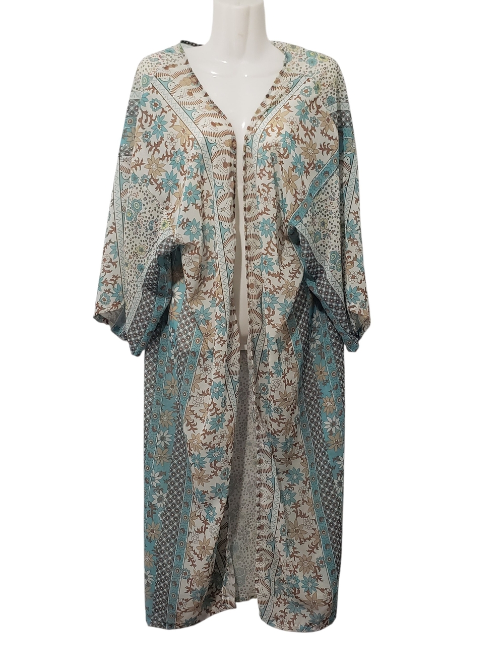 Lightweight Teal Cream Floral Printed Sheer Kimono Coverup | One Size